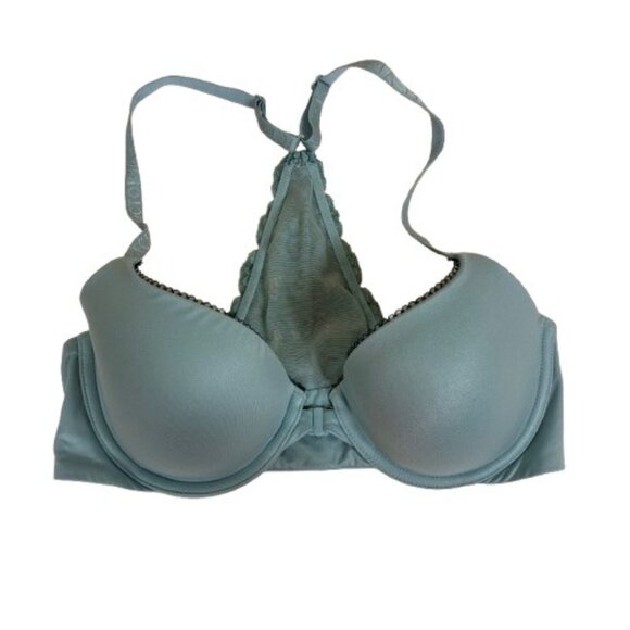 Y2K Body by Victoria Lined Demi Baby Blue Front Close Lace Racerback Bra Sz 32D - Picture 1 of 6